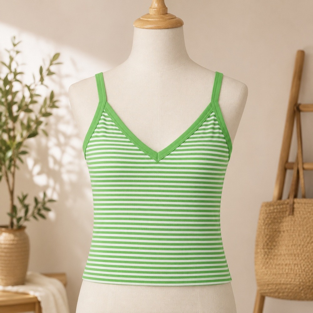 NWT L.A. Hearts Cami Tank Top Womens XS Green White Striped Ribbed Knit V-Neck‎